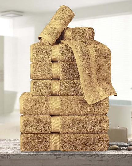 Superior Egyptian Cotton Pile 9 Piece Towel Set, Includes 3 Bath, 3 Hand, 3 Face Towels/Washcloths, Ultra Soft Luxury Towels, Thick Plush Essentials, Guest Bath, Spa, Hotel Bathroom, Toast