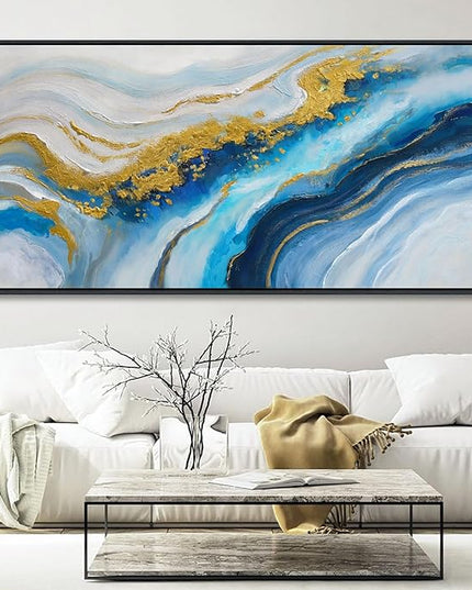Blue Wall Art for Living Room - Abstract Canvas Wall Art, Modern Gold Painting, Office, Above Bed Wall Decor, Large Pictures for Bedroom Framed Artwork for Walls 29×58IN