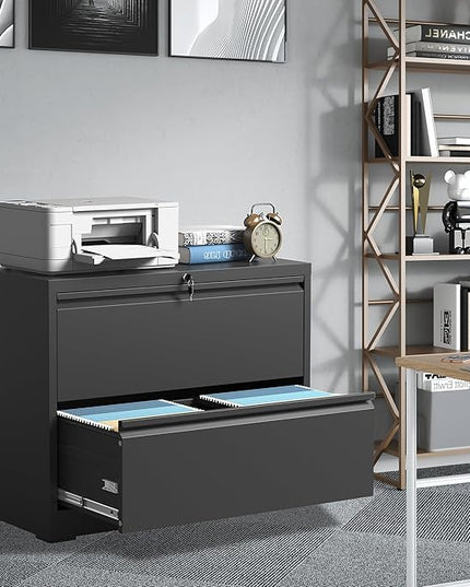 File Cabinets 2 Drawer,Metal Office Storage Filing Cabinet with Lock,Black Lateral Filing Cabinet for Home Office,Horizontal 2-Drawer File Cabinets for Legal/Letter/A4,Assembly Require,Black