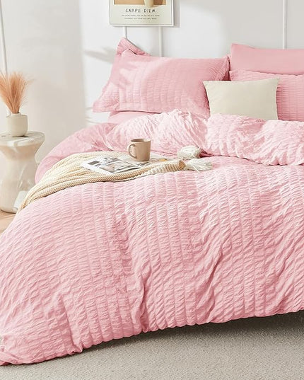 HYMOKEGE Pink King Size Comforter Set Seersucker 7 Pieces, All Season Luxury Bed in a Bag for Bedroom, Bedding Set with Comforters, Sheets, Pillowcases & Shams