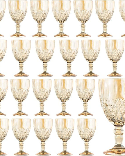 24 Pcs Vintage Wine Glasses, 11 Ounces Colored Glass Water Goblets, Colorful Unique Embossed Pattern High Clear Stemmed Glassware Wedding Party Bar Glass Drinking Cups Amber Fancy Glasses Set of 24