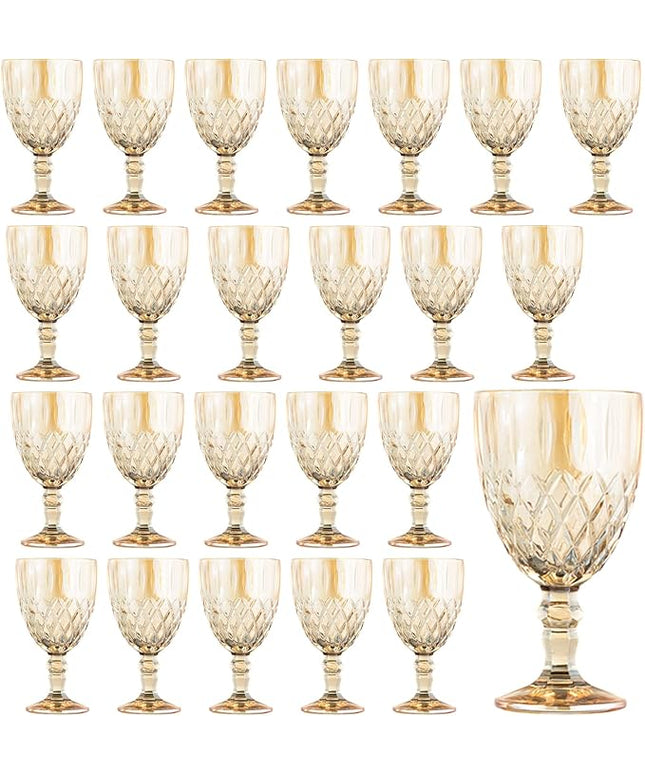 24 Pcs Vintage Wine Glasses, 11 Ounces Colored Glass Water Goblets, Colorful Unique Embossed Pattern High Clear Stemmed Glassware Wedding Party Bar Glass Drinking Cups Amber Fancy Glasses Set of 24