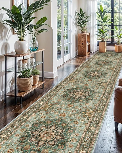 Washable Oriental Hallway Runner Rug - 3x16 Rugs for Living Room Soft Carpet for Bedroom Kitchen Waterproof Floral Distressed Indoor Stain Resistant Non-Shedding Floor Carpets (Green, 3X16)
