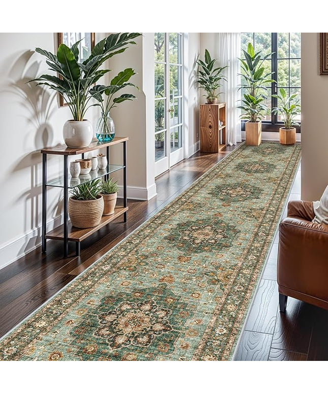Washable Oriental Hallway Runner Rug - 3x16 Rugs for Living Room Soft Carpet for Bedroom Kitchen Waterproof Floral Distressed Indoor Stain Resistant Non-Shedding Floor Carpets (Green, 3X16)