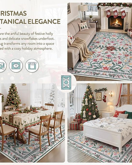 Wonnitar Christmas Rug for Living Room, Christmas Home Decor 8x10 Washable Rug, Ultra-Thin Soft Holiday Floral Print Non Slip Winter Indoor Carpet for Bedroom Kids Room Xmas Dining Room