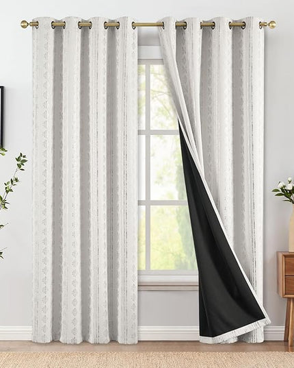 jinchan 95% Blackout Boho Curtains 90 Inches Long for Christmas Bedroom Living Room Decor Festive Silver Geometric Foil Printed Curtain Grommet Top Room Darkening Drapes Off White 52 x 90 2 Panels