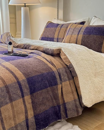 Cyusri Plaid Sherpa Comforter Set 2Pcs Fluffy Warm Fleece Down Alternative, Khaki Blue Grid Pattern Bedding Set with 1 Pillowcase, Twin Size 68"x90"