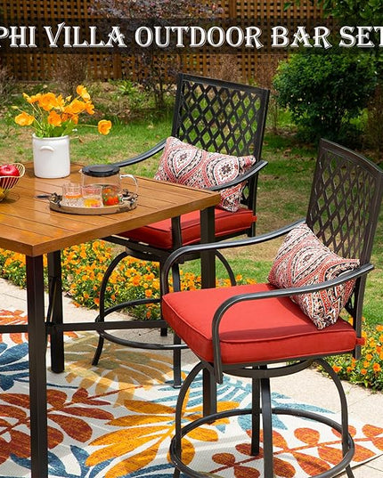 PHI VILLA 36"X36" Outdoor Metal Counter Height Table with 1.57" Umbrella Hole, Square Table with Teakwood-Brown Table Top and Black Table Legs for Outdoor and Indoor