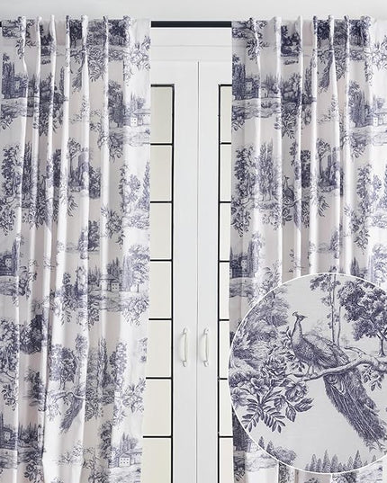 Maison d' Hermine Curtains for Living Room 100% Cotton 96 inch Length Two Panels Light Filtering Toile Curtains for Bedroom Windows with Rod and Loop Pockets Drapes (Trianon Blue, 50" W x 96" L)