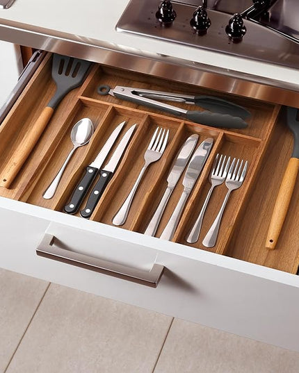 Large Premium Acacia Silverware Organizer - Expandable Drawer Organizer & Utensil Organizer - 17"x19.7" Cutlery Tray with Dividers for Kitchen Utensils and Flatware (7-9 Slots) Acacia