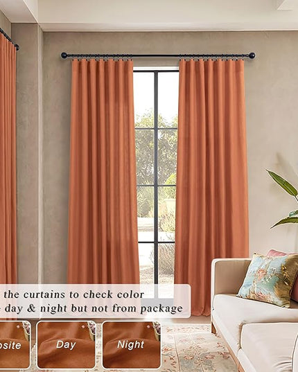 Burnt Orange Curtains 90 Inches Long for Living Room 2 Panels Set Back Tab Rod Pocket Linen Semi Sheer Copper Brown Rust Colored Curtain for Bedroom Dining Office Western Southwest Decor 52x90 Length