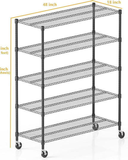 Himimi 82" H Storage Shelves 5 Tier Metal Shelving Adjustable Wire Shelf with Wheels, Heavy Duty Shelving for Garage Kitchen Pantry Bathroom Laundry,18" D*48" W*82" H, Black