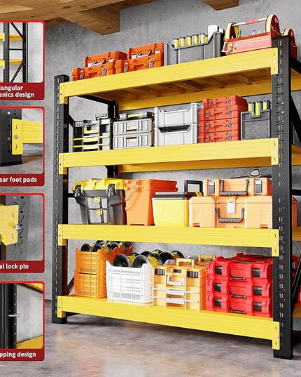4000LBS Garage Shelving 48" W Garage Shelving Heavy Duty 4-Tier Metal Storage Shelves Adjustable Shelf Unit Storage Rack for Basement Supermarket Warehouse 48" W x 24" D x 78" H Yellow