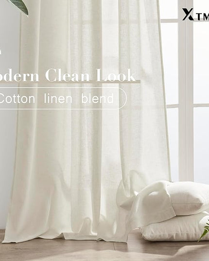 XTMYI Linen Curtains 96 Inch Long 2 Panel Set, Cream Sheer Pleated Curtain for Living Room, Modern Farmhouse Curtains for Dining Room Bedroom, Ivory Colored