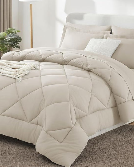 CozyLux King Size Comforter Set Beige - 7 Pieces Bed in a Bag King, Luxury Soft Bed Set for All Seasons, Bedding Set with Down Alternative Comforter, Sheets, Pillowcases & Shams