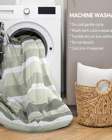 King Comforter Set, 3 Pieces Striped Bed Set, Soft Brushed Microfiber Reversible Bedding Set for All Season, Lightweight & Breathable Bedding Set with Comforter & Shams, Sage Green
