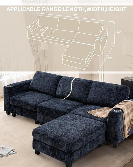 87" Convertible L-Shape Couch with Flexible Ottoman, Soft Sectional Sofa with 2 Built-in Cup Holders, Chenille 3 Seats Sofa with Well-Filled Back Cushions for Living Room, House, Blue