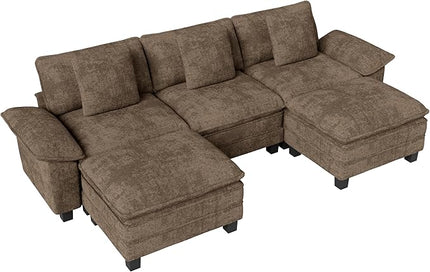 123-Inch U Shaped Sectional Sofa with Cloud Cushions, Deep Seat Modular Couch Set w/ 5 Seats & 2 Ottomans, Removable Arms, Plush Chenille Upholstery for Living Room, Apartment - Taupe