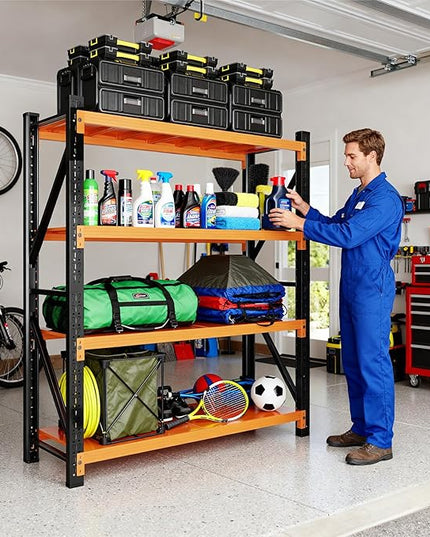 79" H Garage Shelving,3500LBS Heavy Duty Storage Rack,4 Tiers Metal Storage Rack Shelf, Adjustable Shelving Unit for Garage,Kitchen,Warehouse,Basement,78.7" H x 47.2" W x 19.6" D,Black&Orange