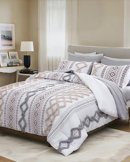 MOVE OVER Beige and Gray Tufted Comforter Set King Size 5 Pieces Farmhouse Bedding Set 100% Soft Microfiber Boho Aztec Bedroom Comforter Set Modern Style Ethnic Boho Tufted Bed Set for All Seasons