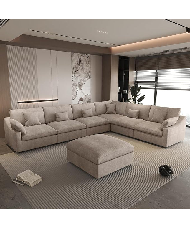WJShome Cloud Couch for LivingRoom,153" U Shaped Modular Sectional Sofa with Ottoman,Down Filled 7 Seater Convertible Sleeper Sofa Bed Oversized Furniture Sets,Khaki