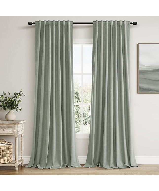 Guken Blackout Curtains 90 Inch Length 2 Panels Set for Living Room Bedroom Back Tab Thermal Insulated 100% Black Out Linen Drapes Room Darkening Window Curtains 90 Inches Long,Desert Sage