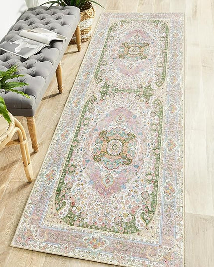 Washable Runner Rug 2x6,Pink Rug Runners Non Slip,Long Boho Rugs for Hallways Kitchen Bedroom Entryway Living Room Bathroom,Vintage Bohemian Distressed Floor Carpet,Blush Green