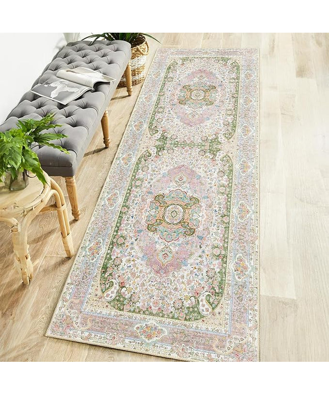 Washable Runner Rug 2x6,Pink Rug Runners Non Slip,Long Boho Rugs for Hallways Kitchen Bedroom Entryway Living Room Bathroom,Vintage Bohemian Distressed Floor Carpet,Blush Green
