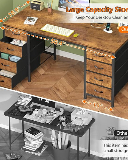 50 Inch Computer Desk with 8 Drawers, Home Office Desk with Power Outlets, Work Study Gaming Desk with 8 Fabric Drawers, Rustic Brown