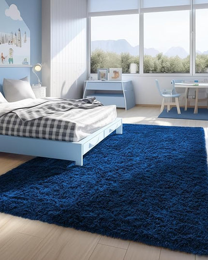 Ophanie Blue Rug, Boys 4x6 Rugs for Bedroom Royal Dark Blue Carpet Nursery Aesthetic, Kids Playroom Navy Area Rugs for Girls Teen Home Decor, Fluffy Shag Bedside Floor Living Room Carpet
