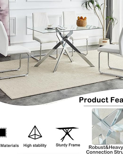 5 Piece Dining Table Set for 4, 51in Glass Dining Table Set with 4 Upholstered Dining Chairs, Black Tufted Chair & Dining Room Table Set w/Silver Metal Legs, Glass Kitchen Table and Chair Set for 4