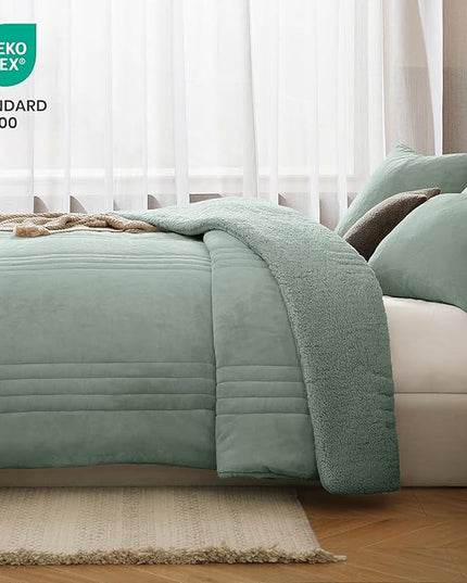 Monbix Fluffy King Size Comforter Set Sage Green, Sherpa Plush Fuzzy Comforter 3 Piece for King Size Bed, Luxury Soft Winter Warm Bedding Set