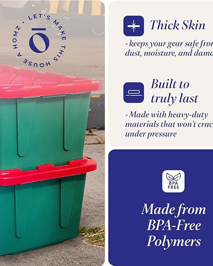 HOMZ 2-Pack Durabilt, Heavy Duty Plastic Storage Bins with Lids, 27 Gallon, Green/Red - Stackable Container Boxes for Holiday, Attic, and Garage Organization