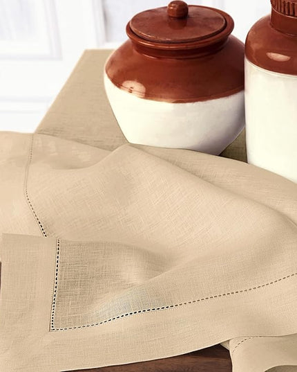 Solino Home Linen Napkins Set of 4 - Classic Hemstitch 100% Pure Linen Beige Dinner Napkins Cloth 20 x 20 Inch for Christmas, New Year - Handcrafted and Machine Washable
