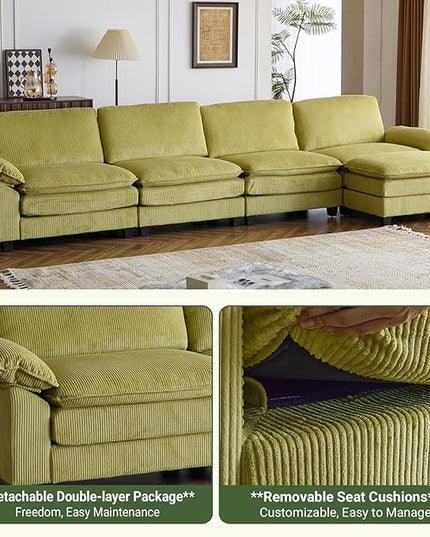 VINGLI 156" Cloud Corduroy Sectional Sofa, Comfy L-Shaped Extra Deep Seat Sofa Couch for Living Room,Modern 4-Seat Convertible Loveseat Sofa with Ottoman for Small Space(Olive Green)