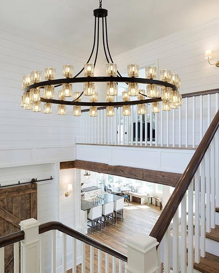 48" Wagon Wheel Chandelier Black Wagon Wheel Chandelier with Crystal Shade, 48 Lights, Modern Farmhouse Style, Ideal for Dining Room, Kitchen, Entryways