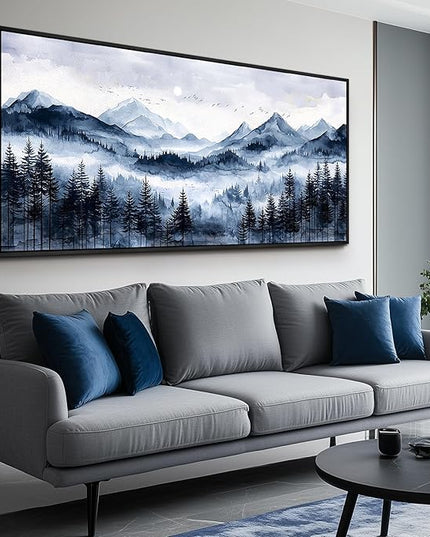 ERQINHUA Canvas Wall Art For Bedroom Large Wall Decor For Living Room Office Mural Misty and Fog Forest Painting Mountain Landscape Picture Artworks Home Decor Black Framed Ready To Hang 32x72 In
