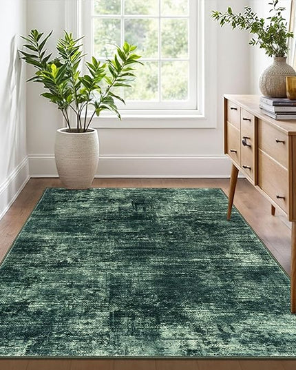 IOHOUZE Abstract Area Rug 4x6 Ft Washable Rugs for Entryway Indoor, Non Slip Small Living Room Rugs Printed Faux Wool Throw Rug, Floor Carpet for Kitchen Nursery Playroom, Dark Green