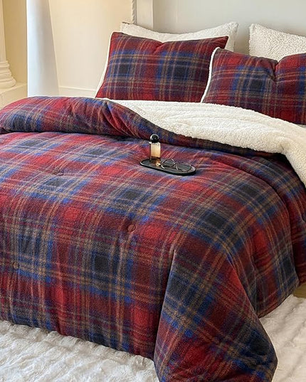 Cyusri Plaid Sherpa Comforter Set 2Pcs Fluffy Warm Fleece Down Alternative, Red Blue Grid Pattern Bedding Set with 1 Pillowcase, Twin Size 68"x90"