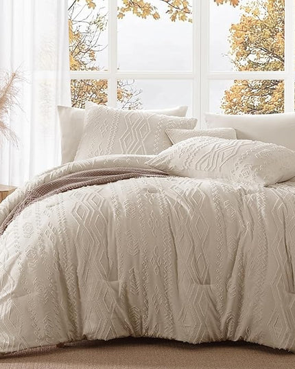 King Size Comforter Set Beige, Tufted Boho Bedding Farmhouse Bed Set, All Season 7 Pieces Bed in a Bag with Sheets, Pillowcases & Shams