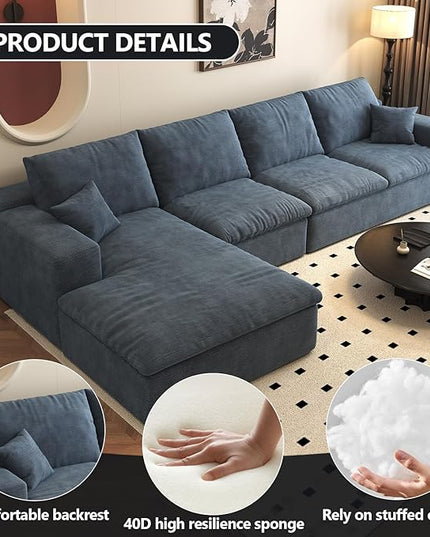 136.6'' L-Shaped Modern Modular Sectional Cloud Couch, 4-Seat Chenille Deep-Seat Sofa with Pillow for Living Room, Bedroom, Apartment, Ocean Blue
