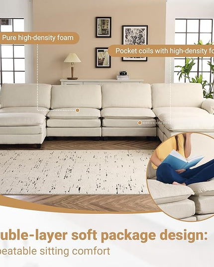 VINGLI 156" Cloud Couch, Comfy Modular Sectional Sofa Set for Living Room,U-Shaped Linen 4-Seat Convertible Loveseat Sofa with 3 Ottoman for Small Space.(Beige)