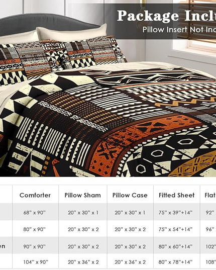 Comforter Set Twin Size, Vintage Tribal African 5 Pcs Bedding for Kids and Adults, Brown Abstract Patchwork Bed Sheet Sets with Fitted Sheet Pillowcase & Sham
