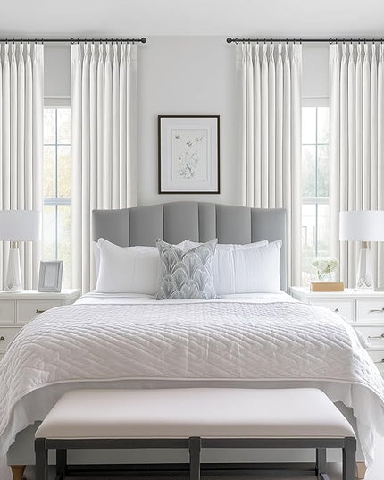 Pinch Pleated Drapes 2 Panel Set Blackout Curtains 90 Inches Long for Kids Room, Petty Faux Linen Memory Trained Pleat Pure White Curtain with Hooks Rings Heat Blocking Nursery Window Burg 40"W x 90"L