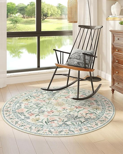 Wonnitar Round Washable Rug, Soft Floral Round Rugs 5ft Circle Carpets for Bedroom Ultra-Thin, Boho Beige Print Distressed Circular Carpet for Living Room Dorm Bedside