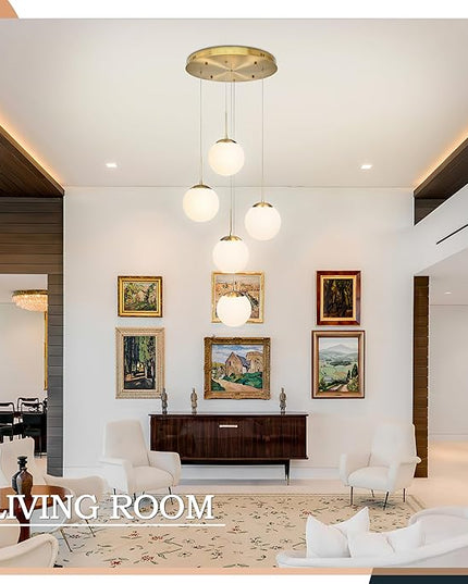 KoKo&Yukina 5-Light Globe Glass Pendant Light Adjustable Length Pendant Lights Fixtures Modern Gold Chandelier with Milky White Glass Ceiling Lights for Foyer Hallway Bedroom (Bulb & Remote Incl.)