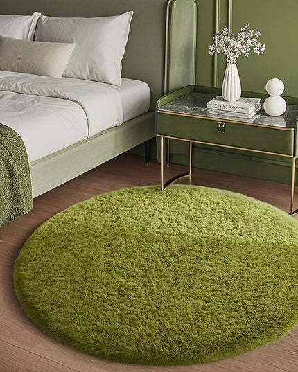 Ophanie Round Rug 4Ft Green Circle Area Rug, Green Room Decor, Fluffy Fuzzy Bedroom Carpet, Plush Soft Shaggy Living Room Rugs for Kids Home Decor Aesthetic, Nursery