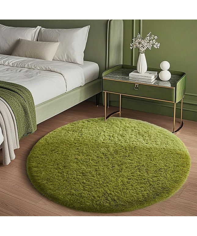 Ophanie Round Rug 4Ft Green Circle Area Rug, Green Room Decor, Fluffy Fuzzy Bedroom Carpet, Plush Soft Shaggy Living Room Rugs for Kids Home Decor Aesthetic, Nursery