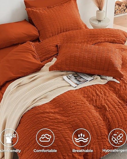 HYMOKEGE Burnt Orange Queen Comforter Set Seersucker 7 Pieces, All Season Luxury Bed in a Bag for Bedroom, Bedding Set with Comforters, Sheets, Pillowcases & Shams
