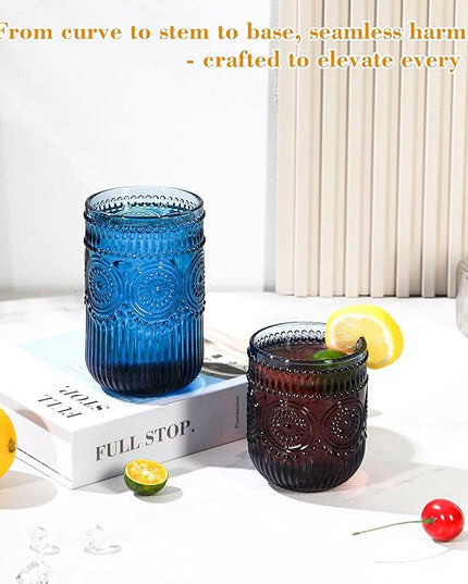 Blue Drinking Glasses Set of 12, 14 Oz Highball & 10 Oz Cocktail Glasses, Blue Kitchen Vintage Glassware Set, Floral Embossed Glass Tumbler Cups for Beer, Juice, Water, Whiskey, Coffee